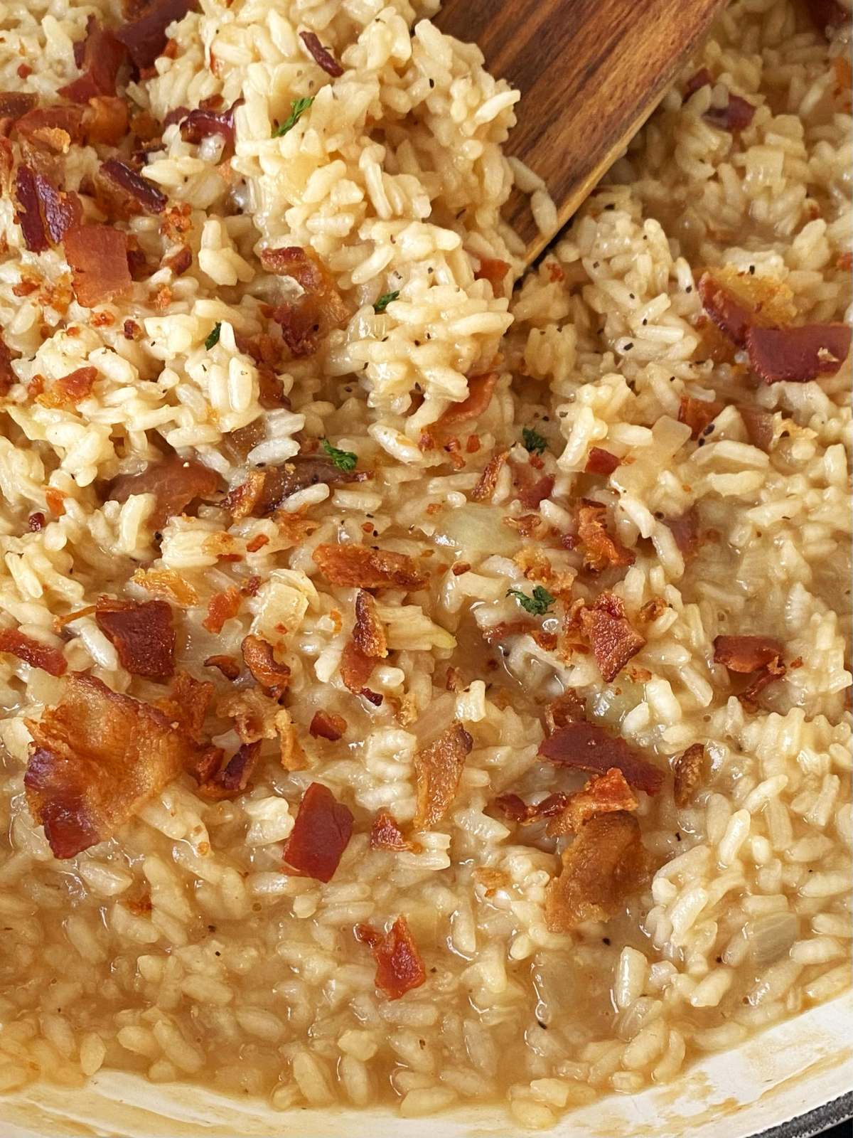 top down close up of risotto in skillet.