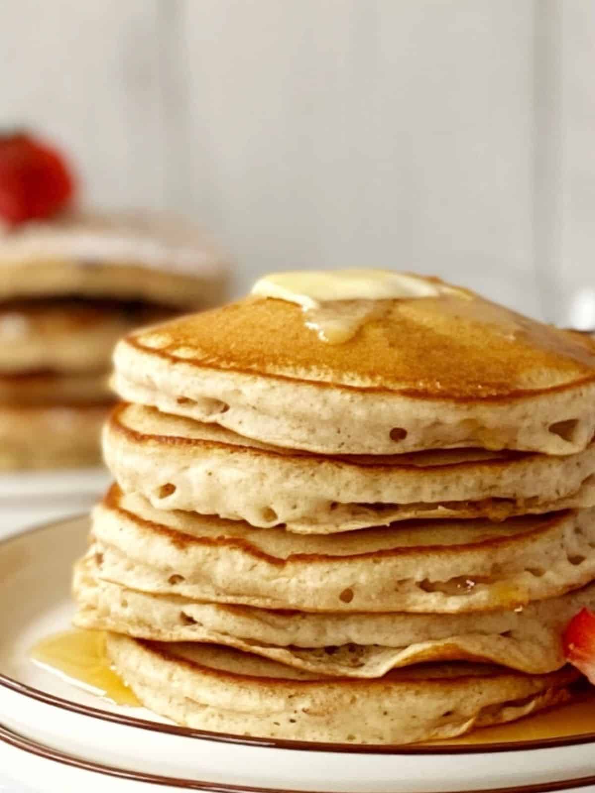 side view of stack of pancakes.