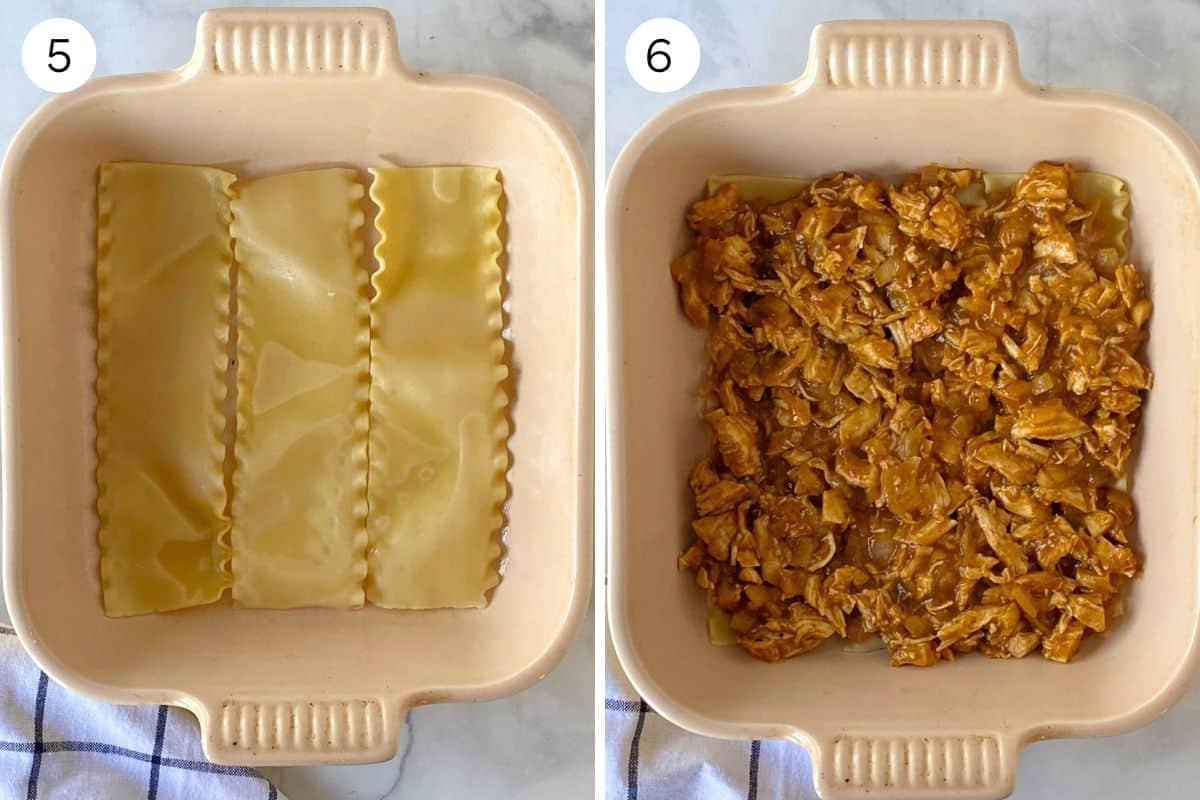 layering noodles then chicken in bottom of dish.