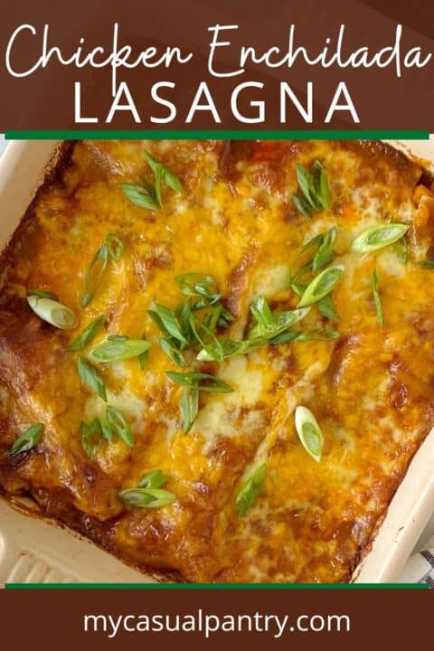 casserole of enchilada lasagna garnished with scallions.