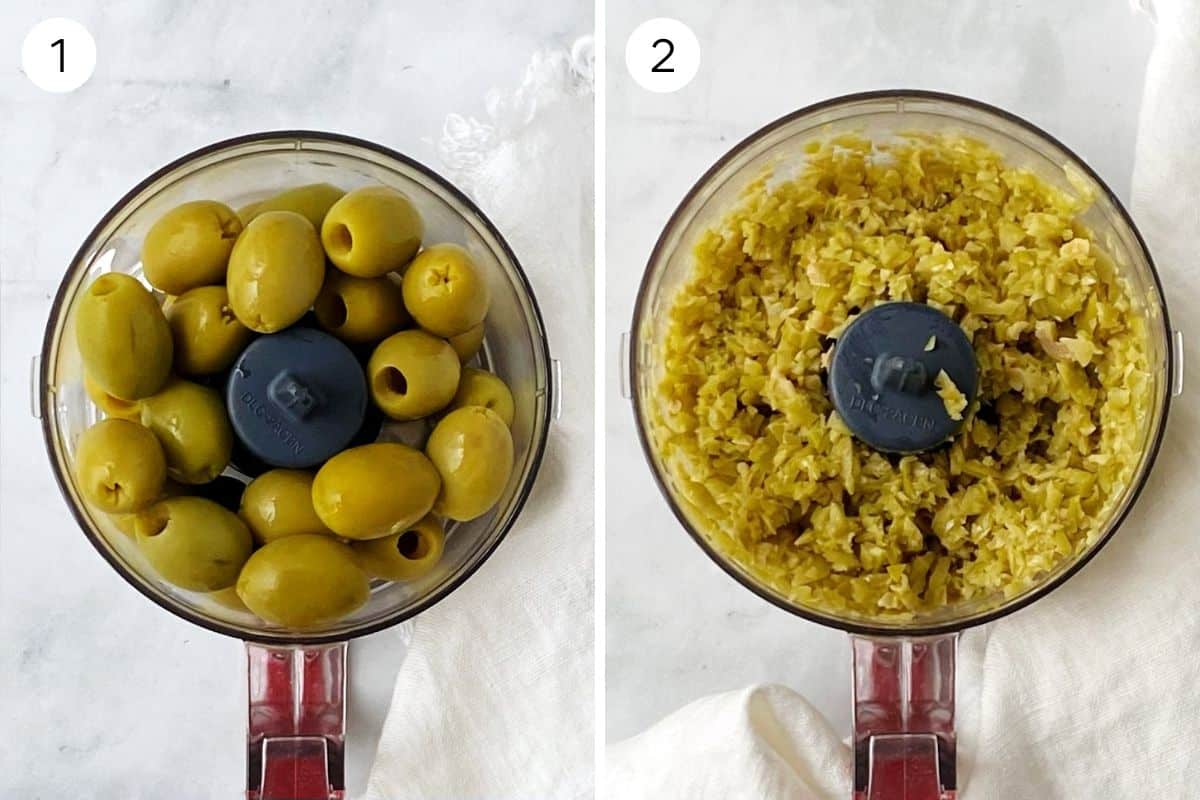 processing green olives in food processor.