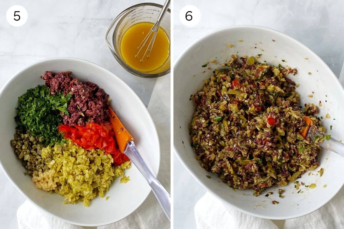mixing tapenade ingredients in a bowl.
