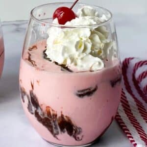 side view of milkshake in a glass.