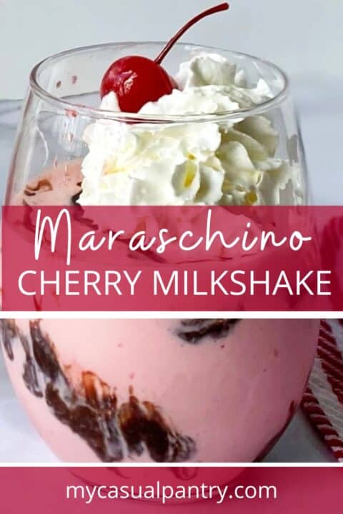 side view of cherry milkshake in a glass.
