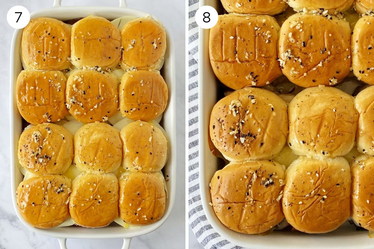 casserole dish of sliders before and after baking.