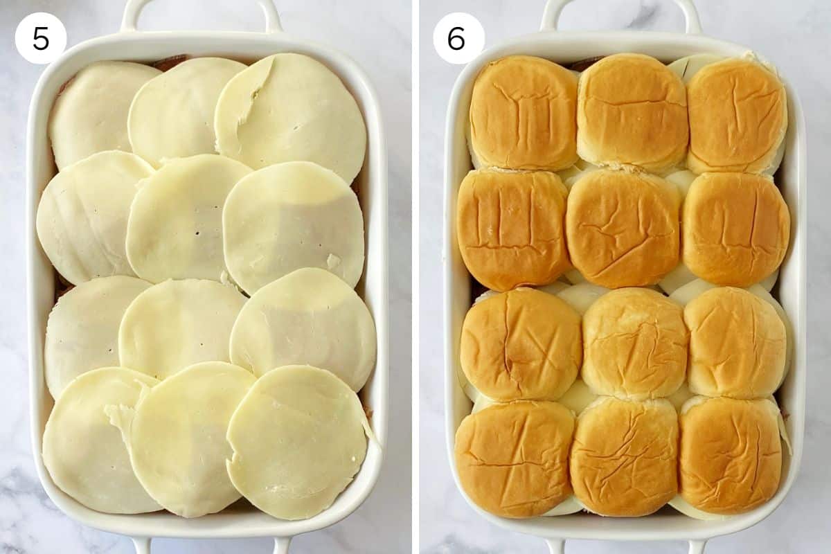 layering provolone and roll tops in casserole dish.