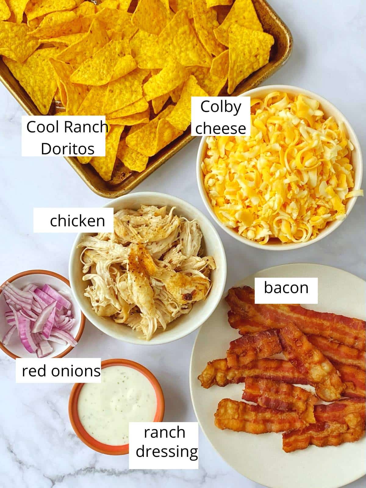 ingredients for chicken bacon ranch nachos.