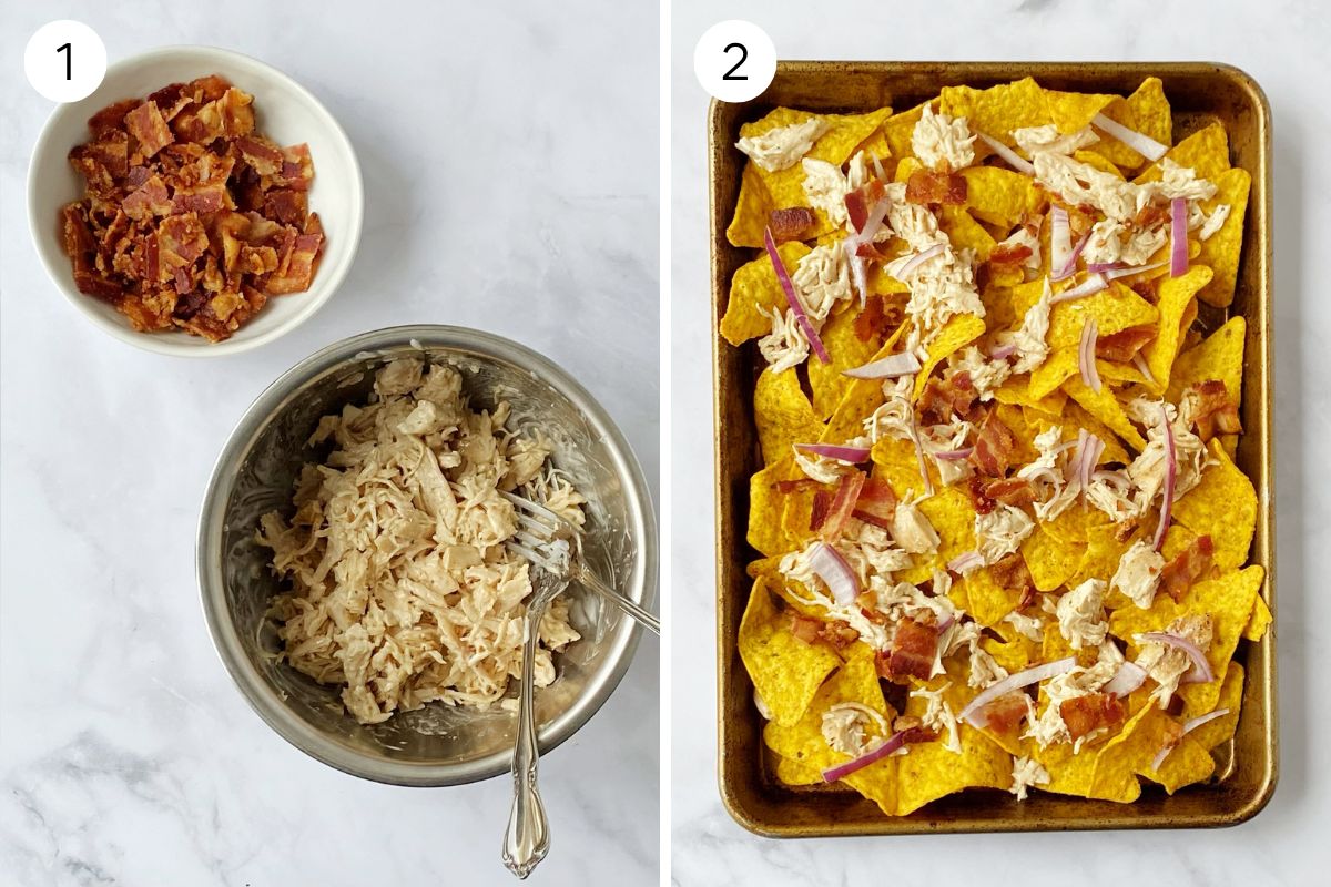 layering bacon, chicken and onion on nacho chips.