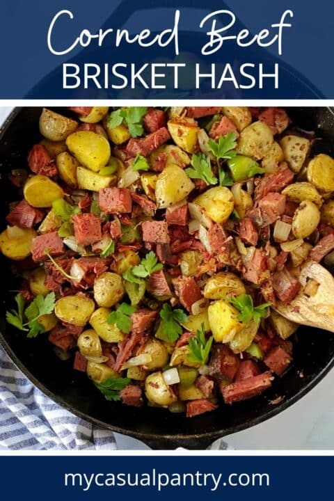 cast iron skillet with corned beef hash.