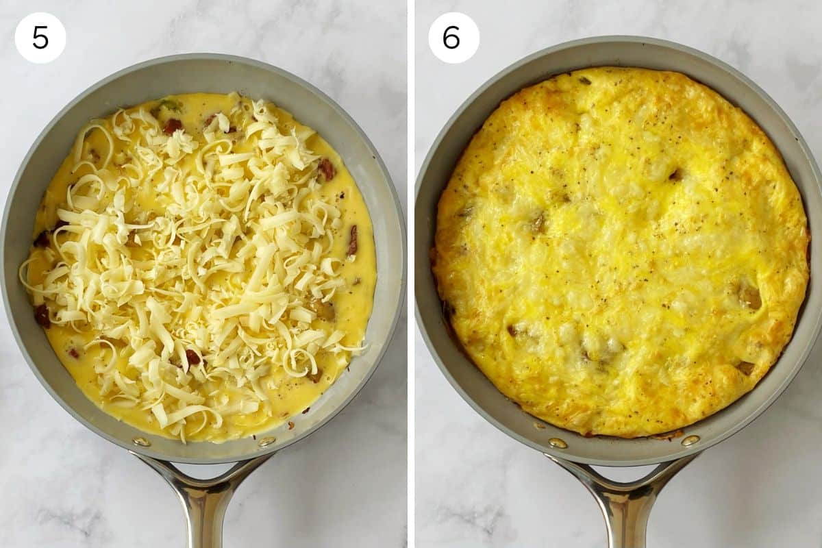 skillet with eggs before and after baking.