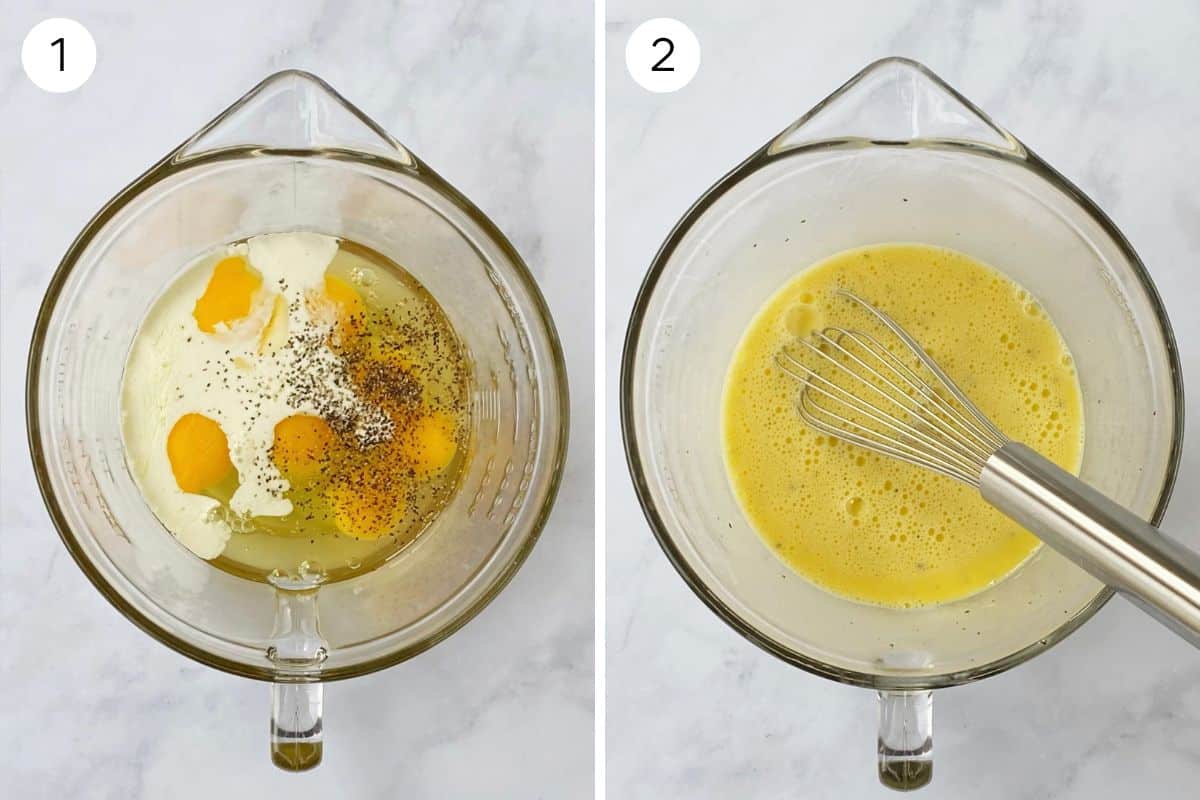 mixing eggs and cream in a glass bowl.