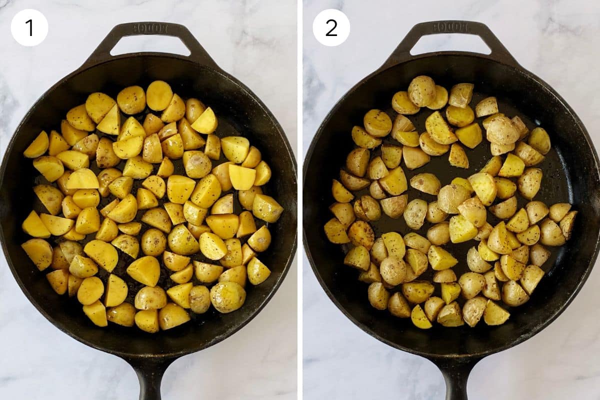 skillet of potatoes before and after roasting.