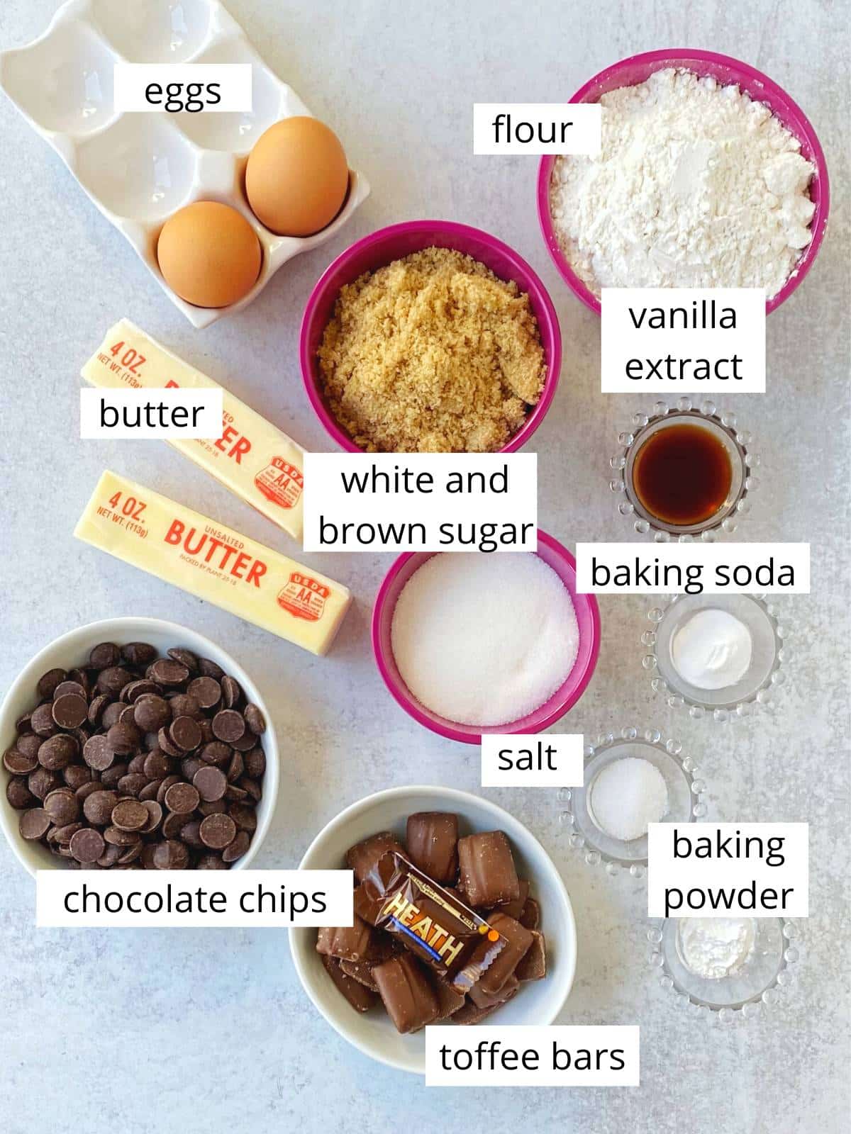 ingredients for brown butter toffee chocolate chip cookies.