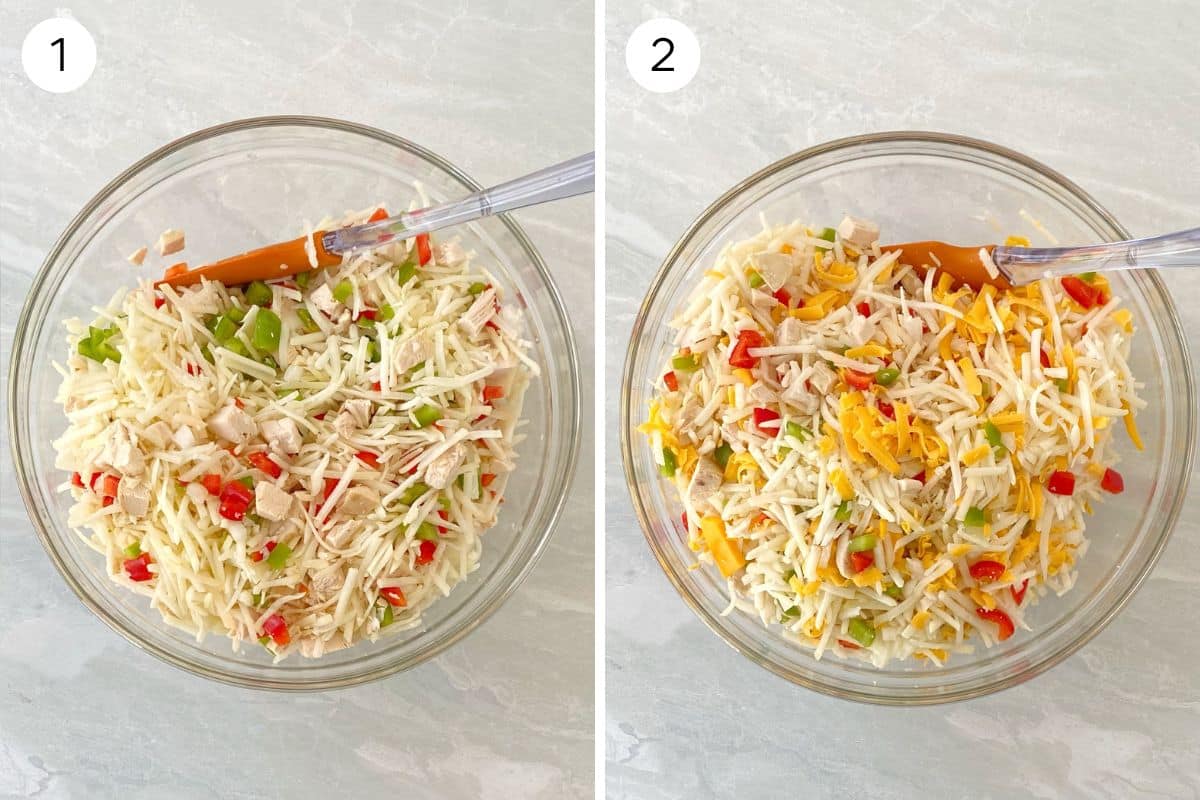 mixing potatoes with peppers, chicken, and cheese.