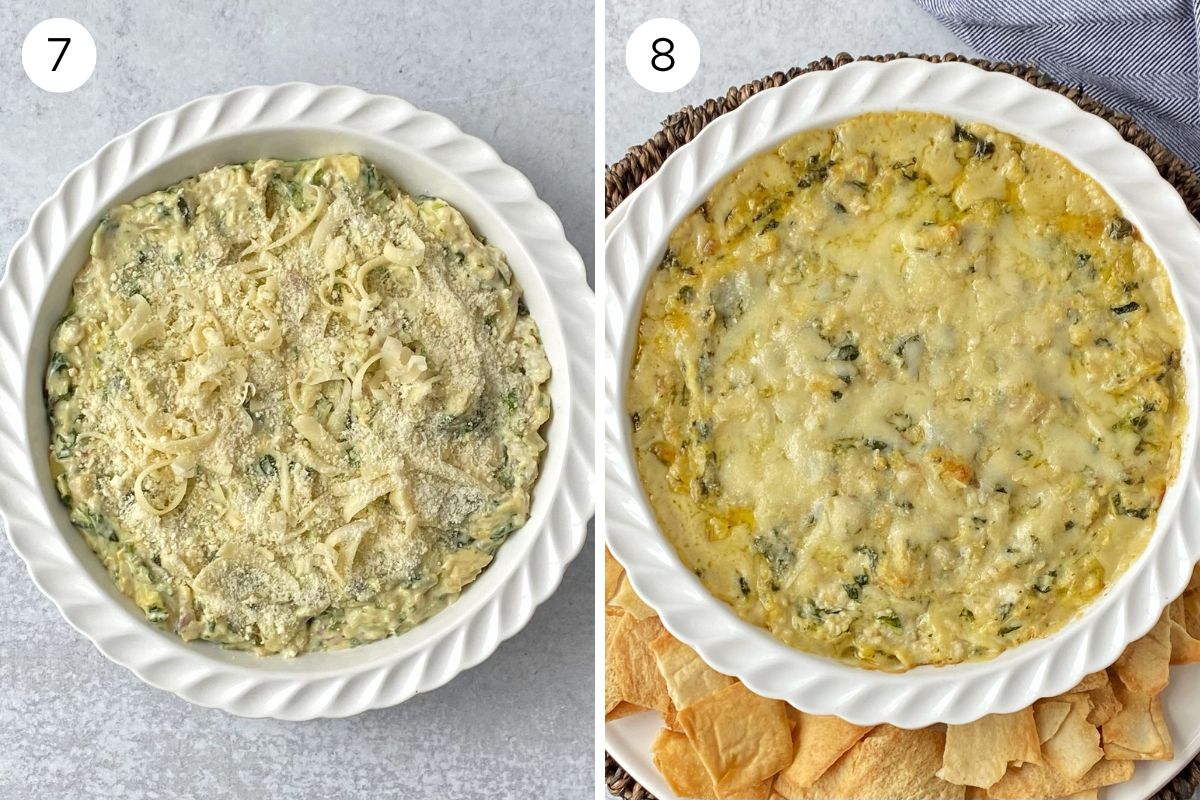 dip in a white baking dish before and after baking.