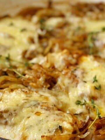 close up of melted cheese over chicken with caramelized onions.