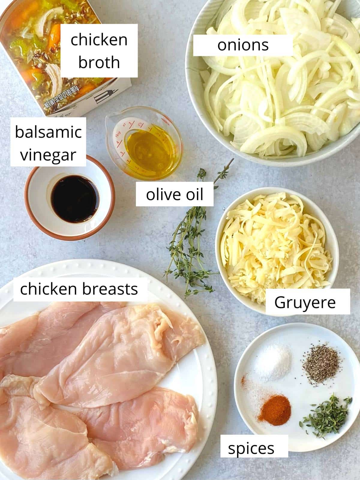 ingredients for french onion chicken skillet.