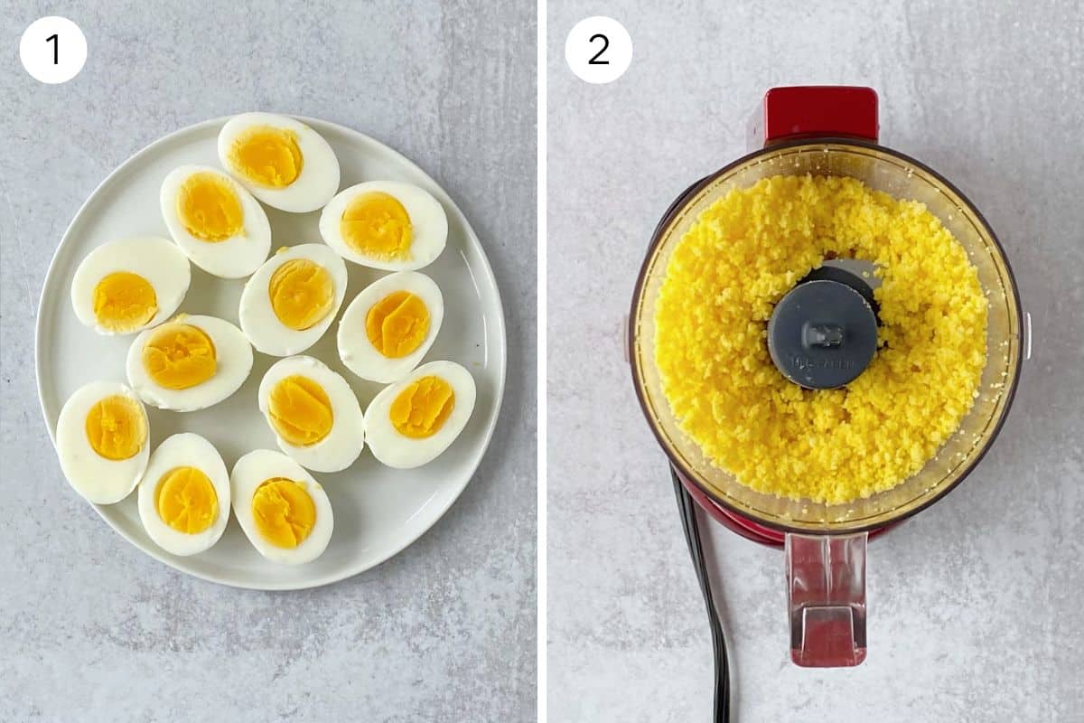 hard-boiled eggs and mincing egg yolks in food processor.