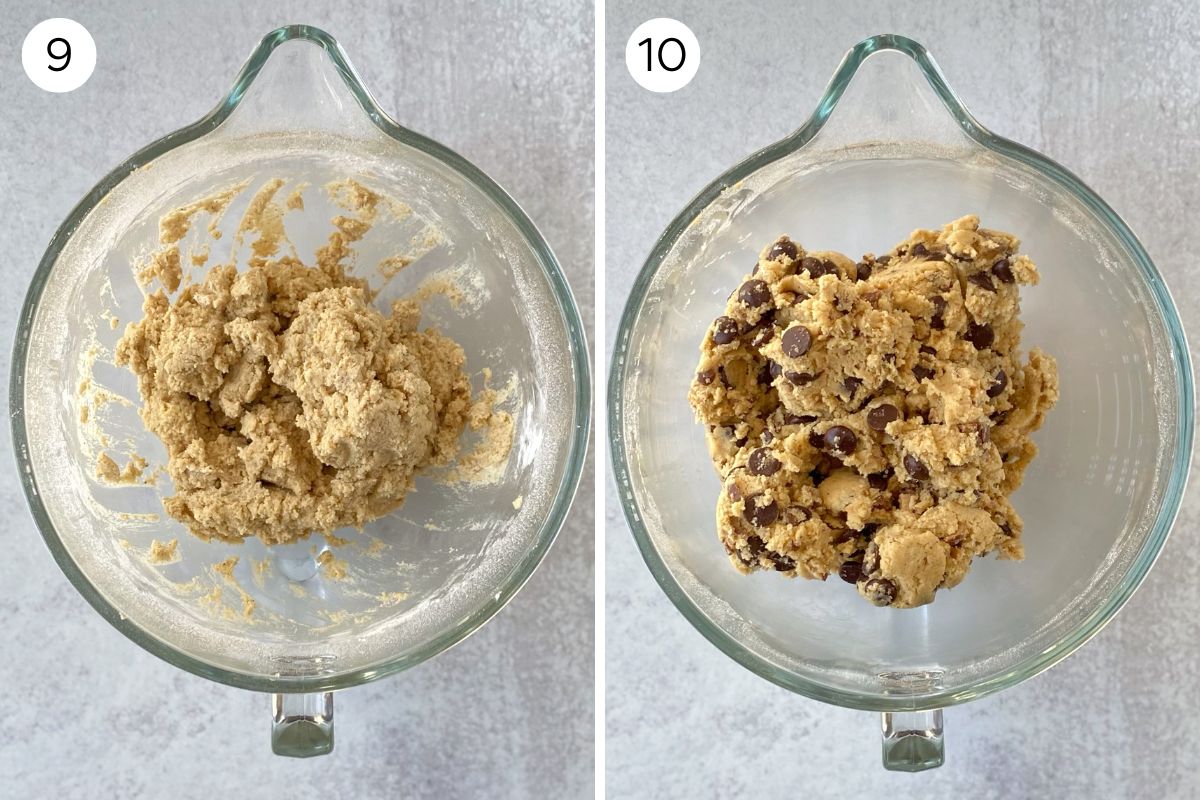 mixing flour and add-ins into cookie dough.