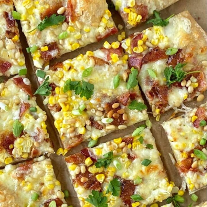 overhead shot of pizza cut into squares.