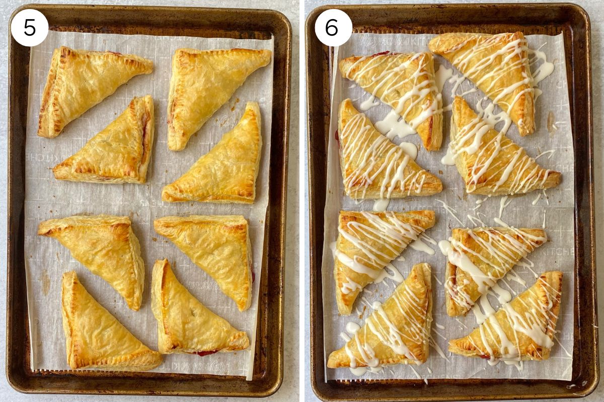 baked turnovers on a sheet pan drizzled with icing.
