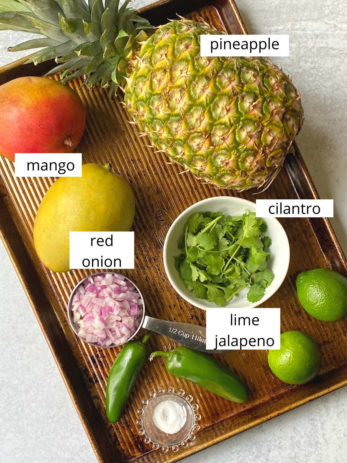 ingredients for mango pineapple salsa.