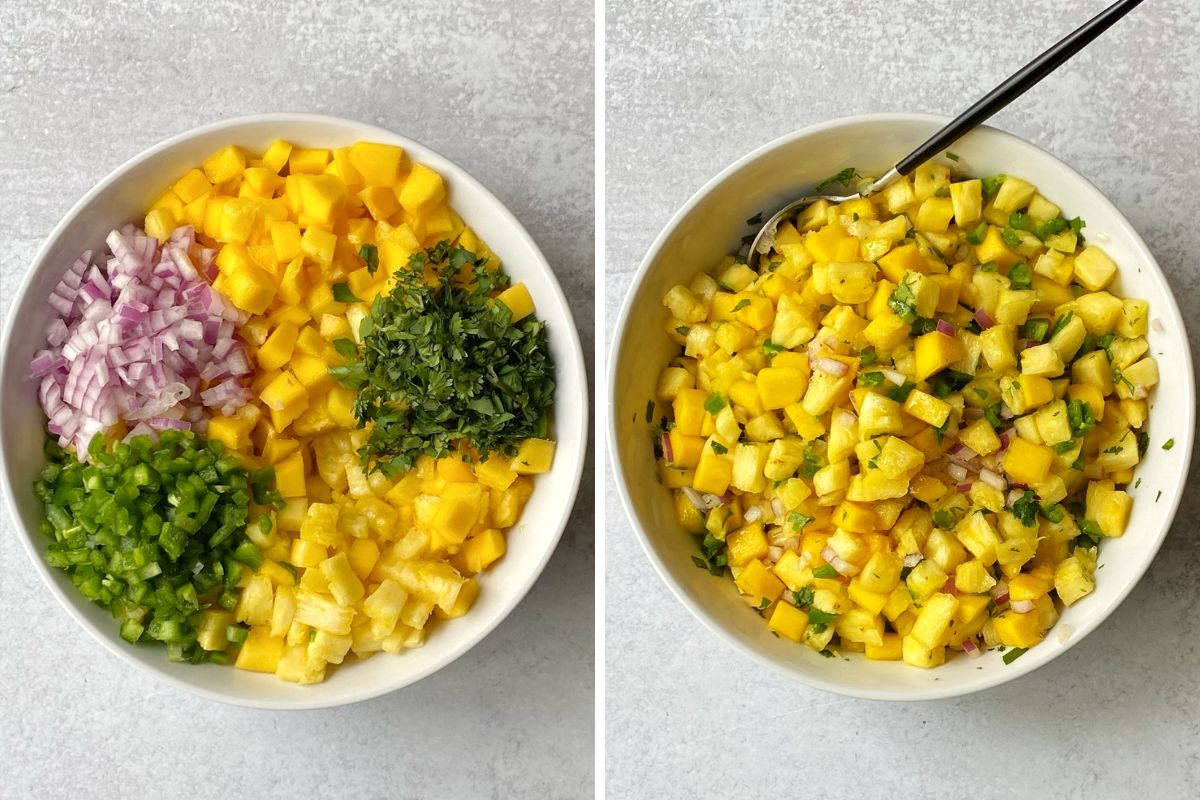diced ingredients in a white bowl before and after tossing them together.