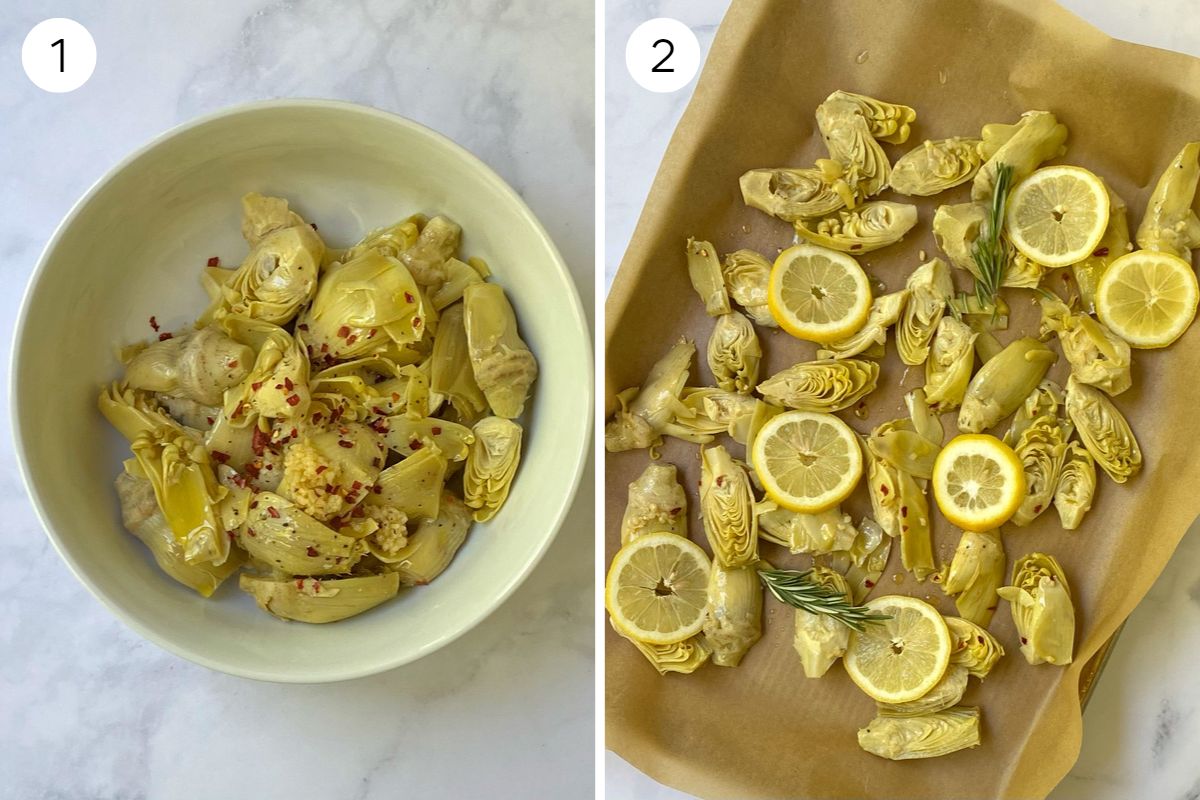 artichokes tossed with seasonings and spread on a sheet pan and topped with lemon and rosemary.