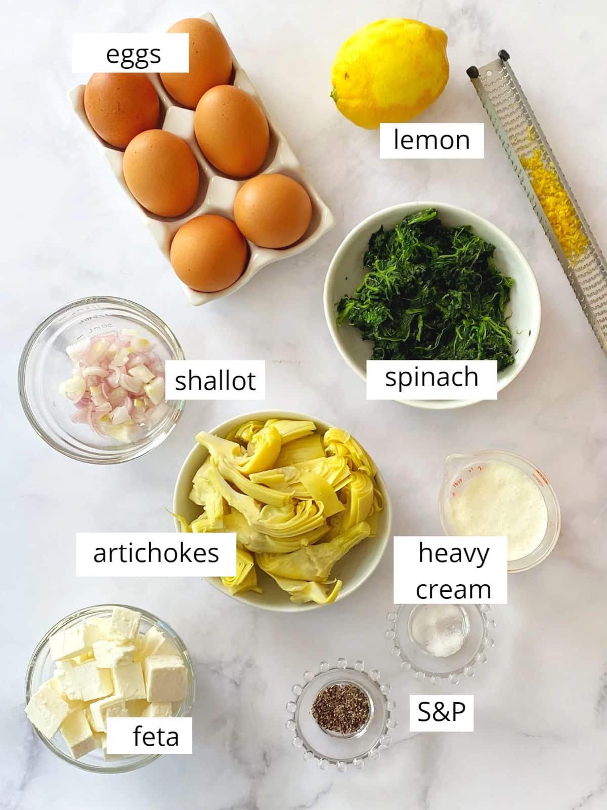 Ingredients for Spinach artichoke frittata.