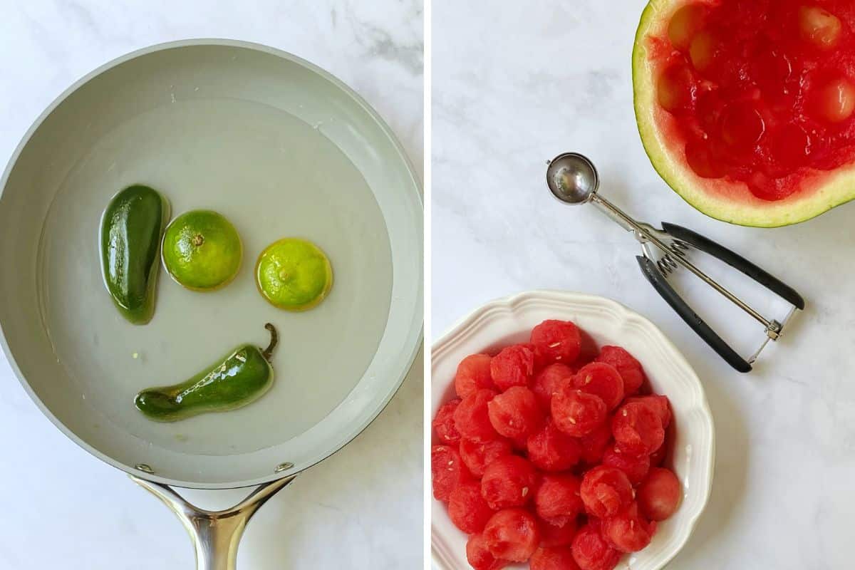 jalapeno lime simple; syrup in a pan and a bowl of scooped watermelon balls.