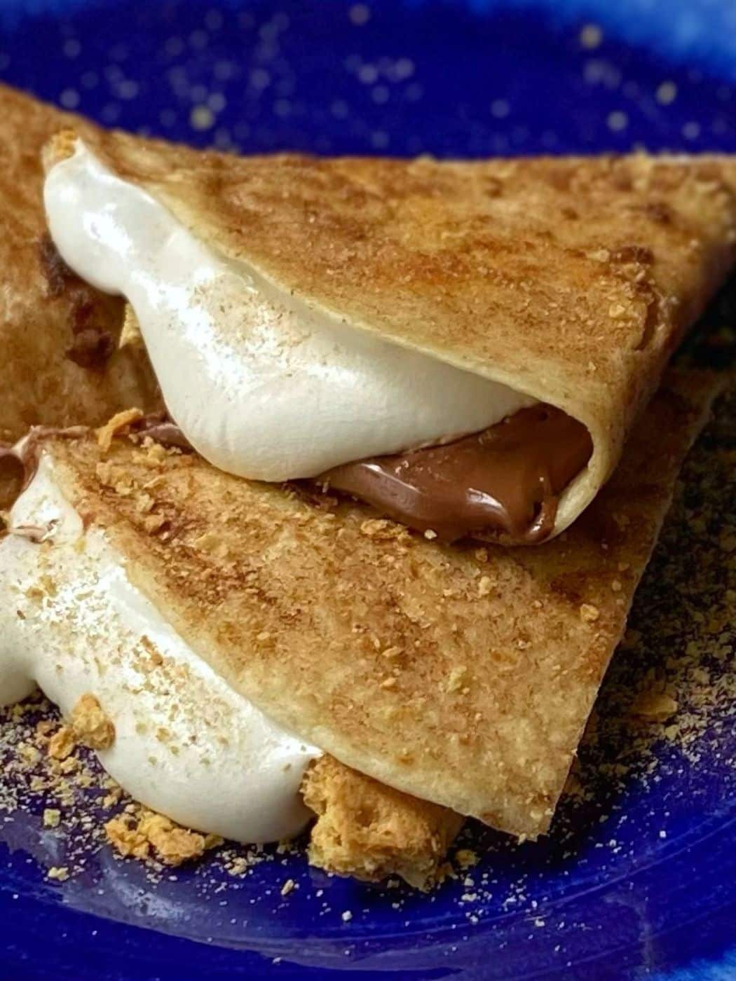 close up of smores quesadilla on a blue plate.