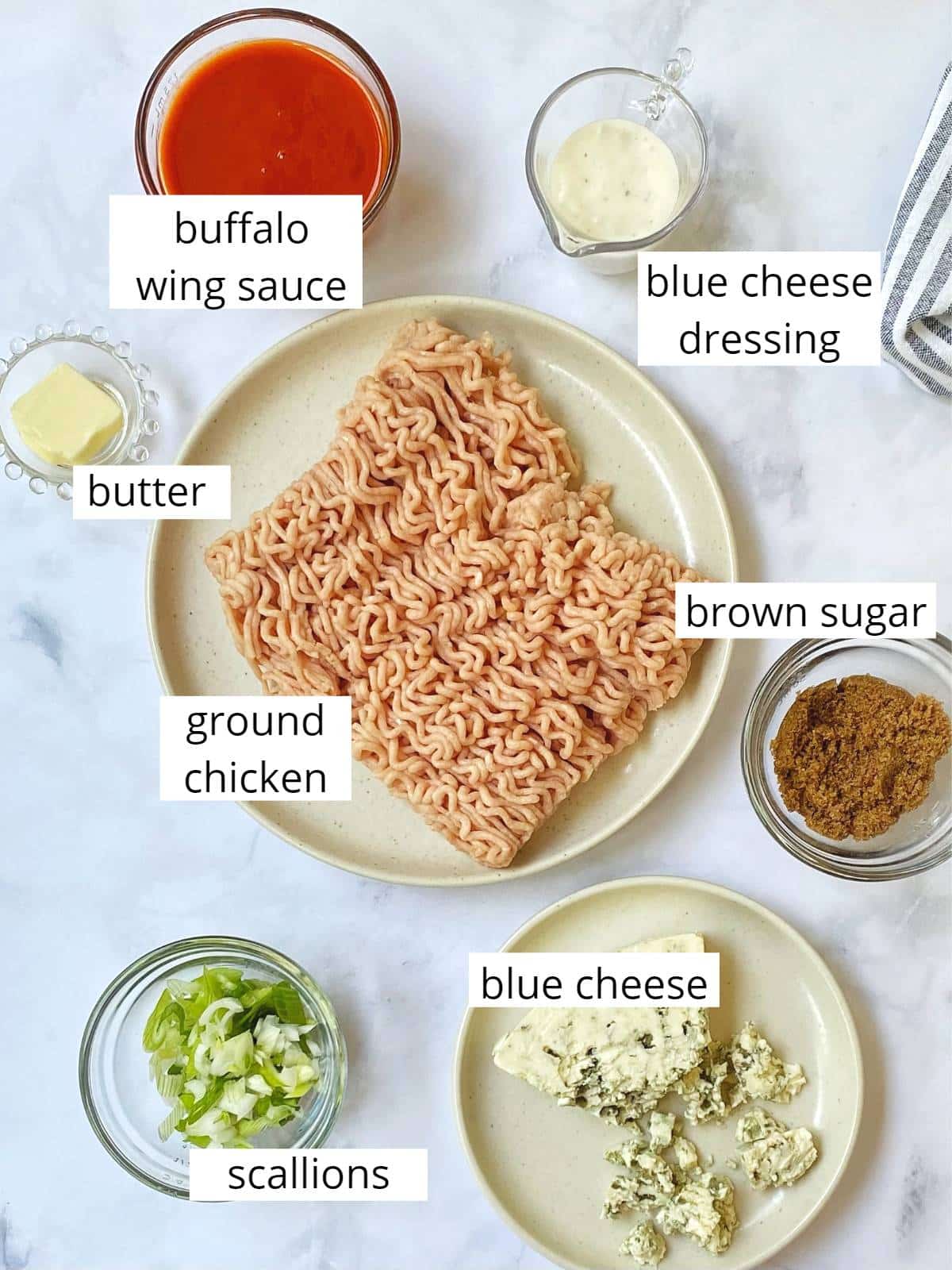 ingredients for blue cheese buffalo chicken meatballs.