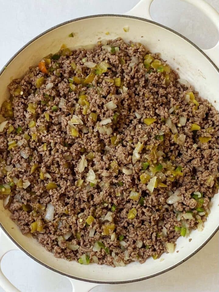 ground beef with onions, jalapenos, and green chiles added.