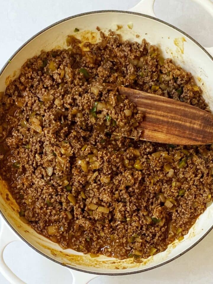 ground beef mixture with enchilada sauce added.