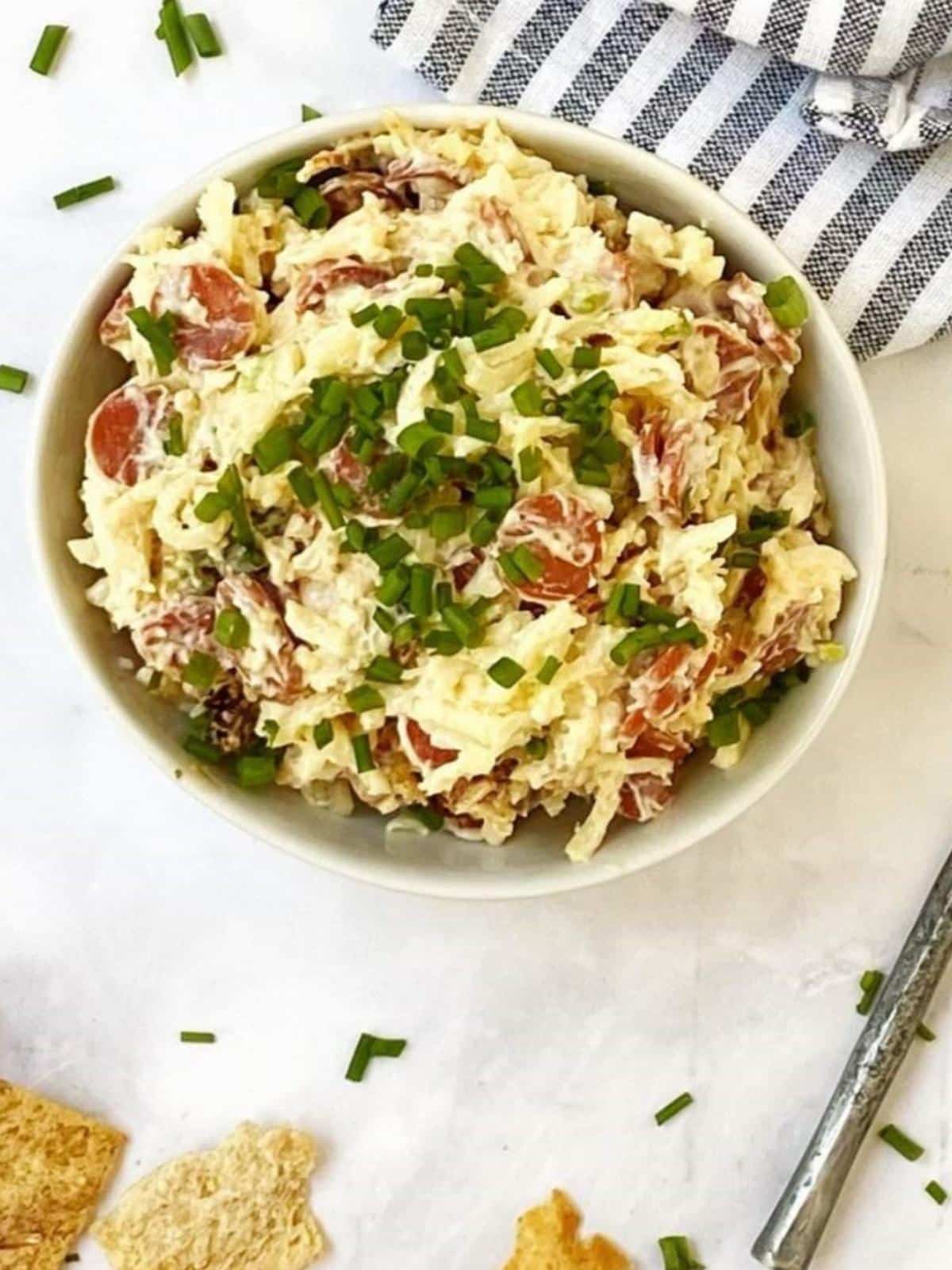 close up of dish of pepperoni dip.