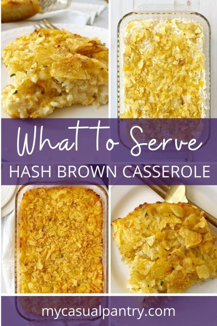 casserole dish of hash brown casserole next to a spoonful of casserole on a plate.