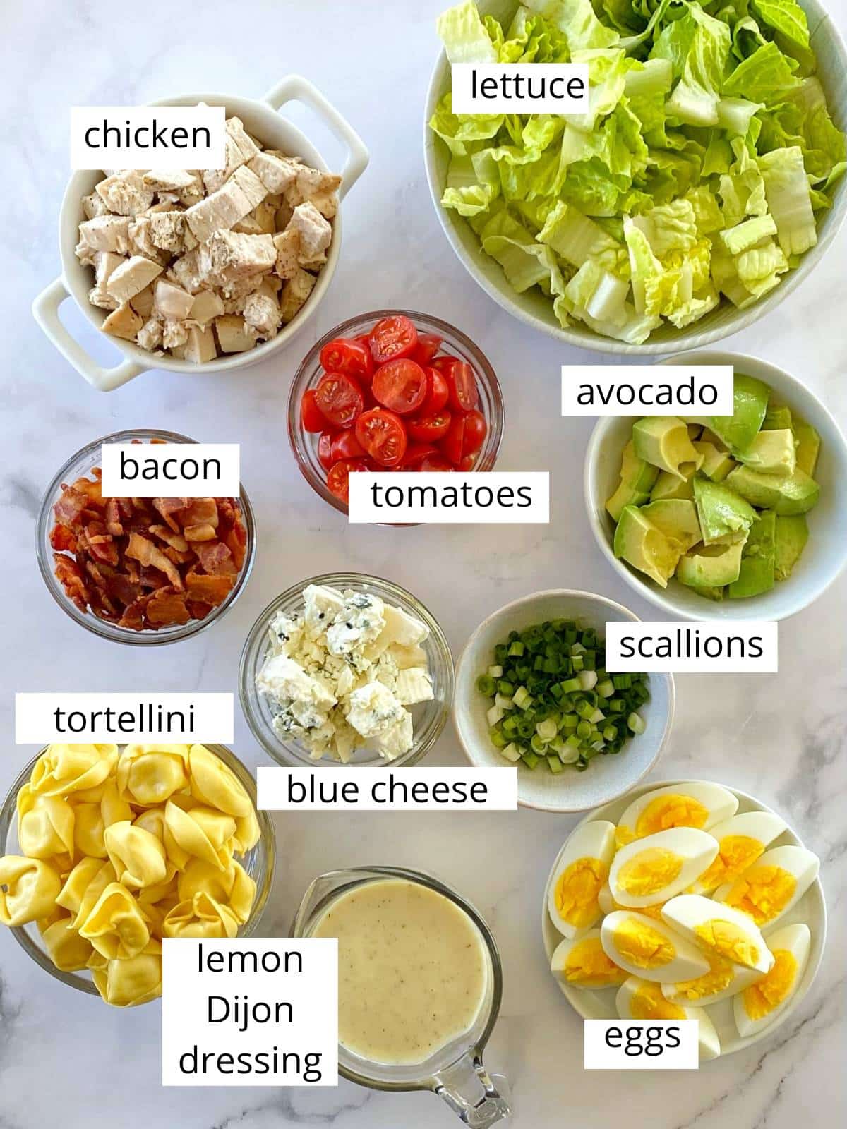 Ingredients for tortellini Cobb salad.