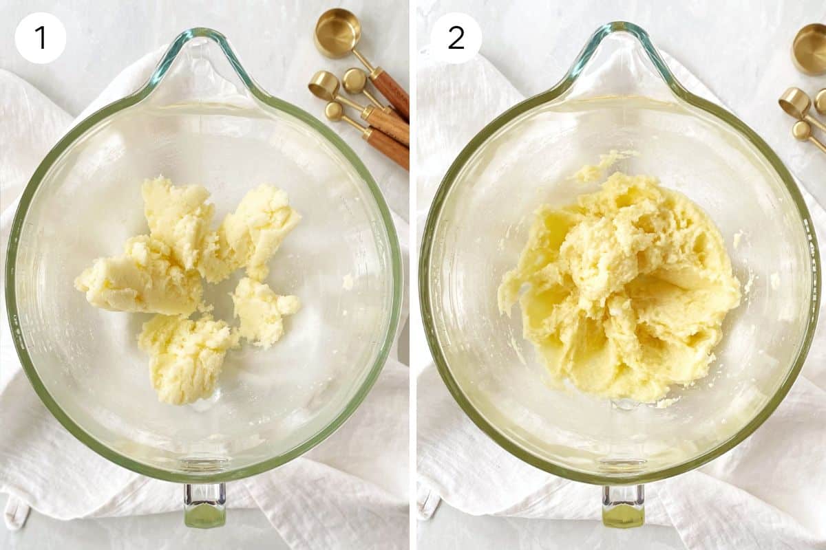 Mixing butter, sugar, and eggs in a mixing bowl.