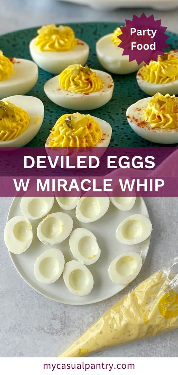 Deviled eggs on a plate and egg filling in a piping bag next to the empty egg whites.