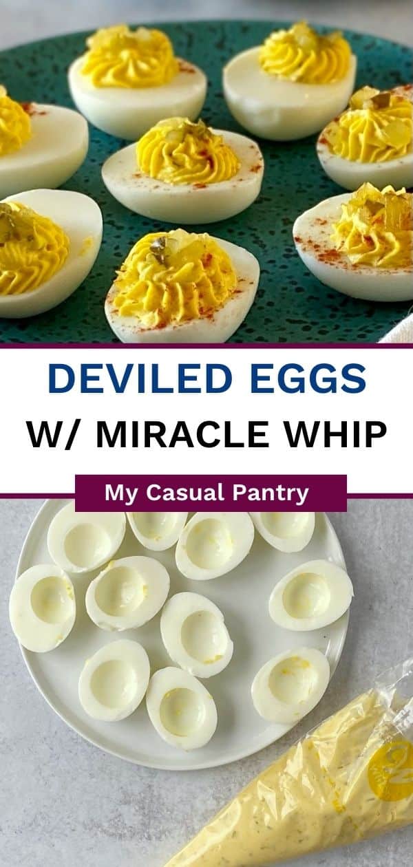 Deviled eggs on a plate and egg filling in a piping bag next to the empty egg whites.