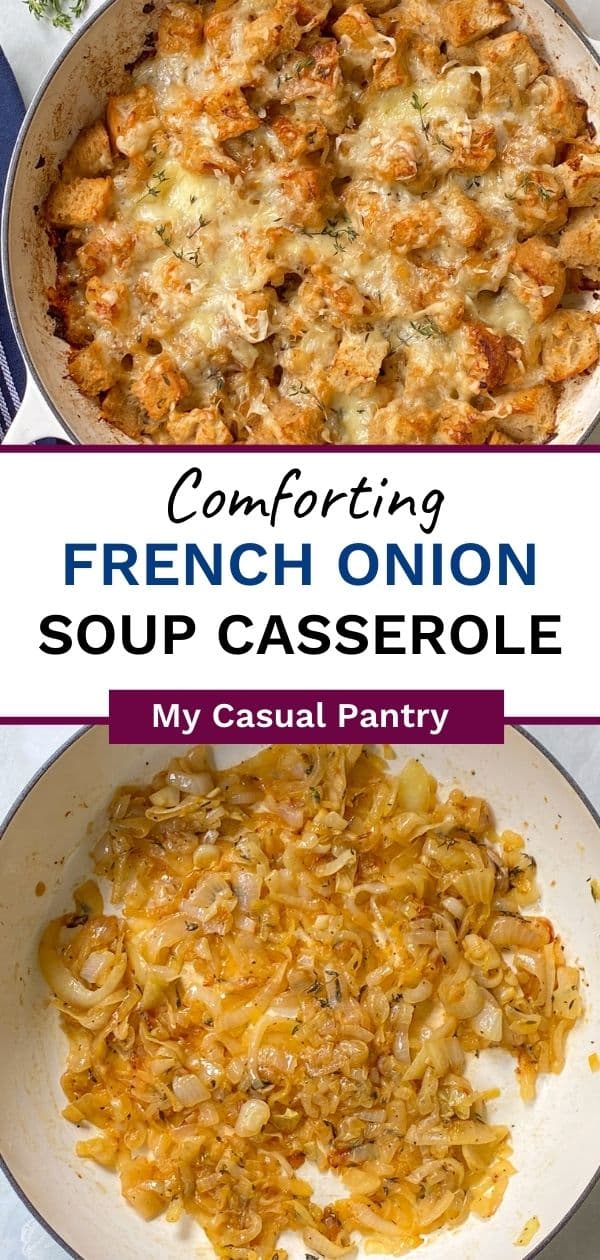 Skillet of baked casserole and caramelized onions in a skillet.