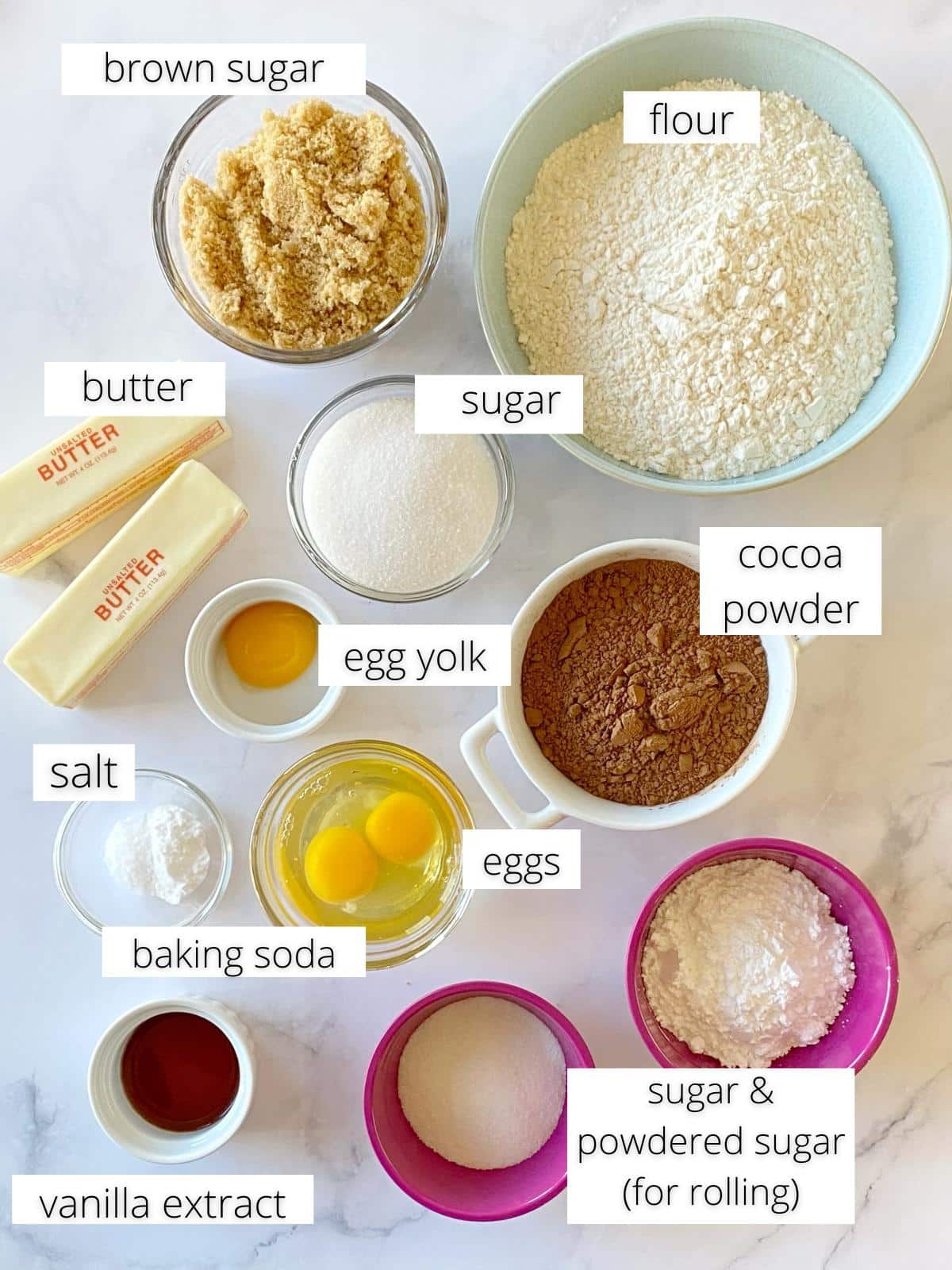 Ingredients for chocolate crinkle cookies.