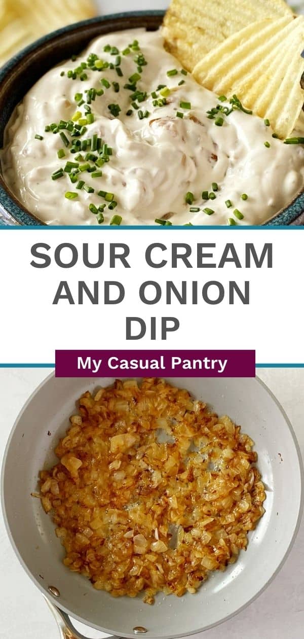 Sour cream onion dip in a bowl and a skillet of caramelized onions.
