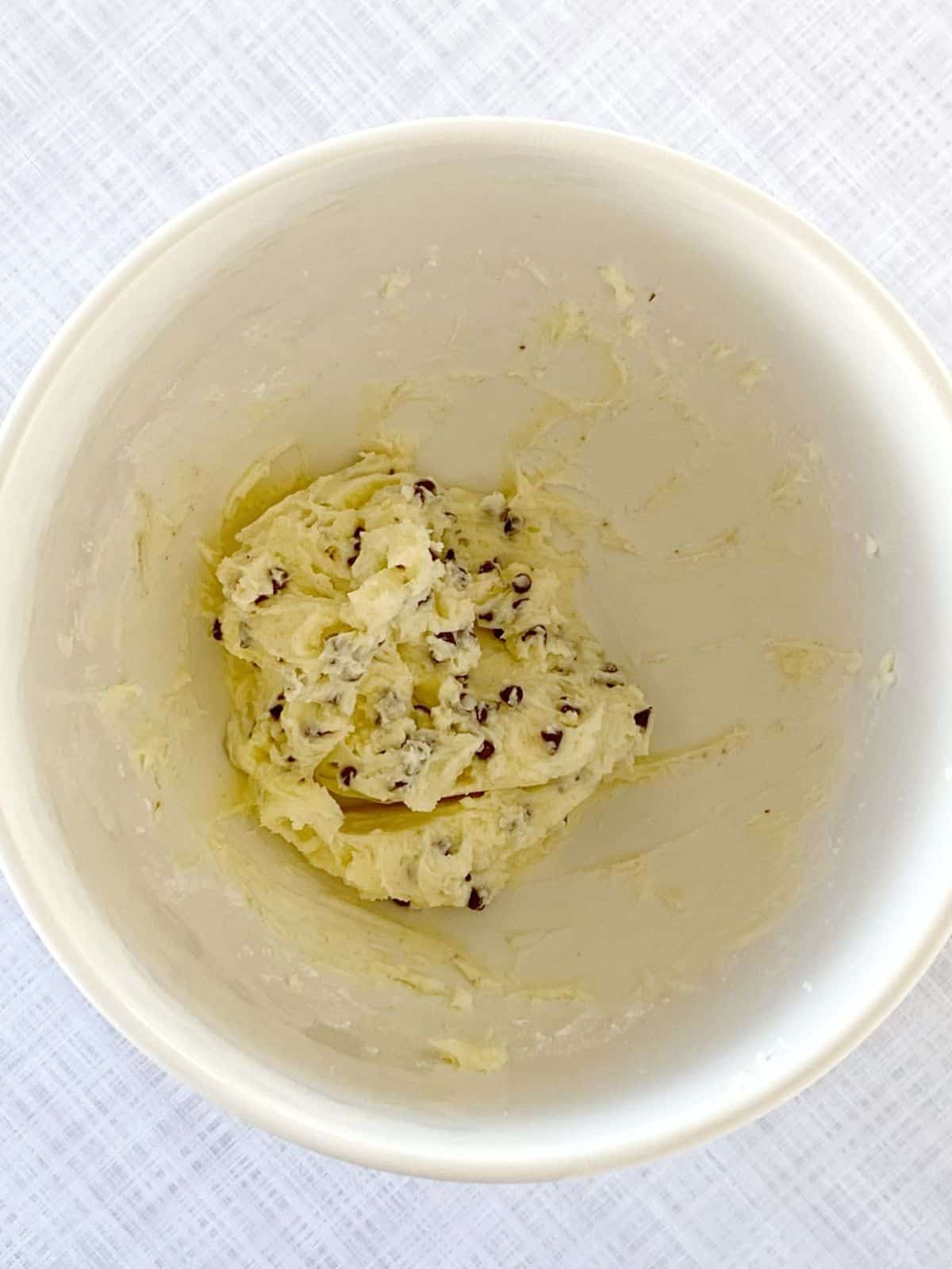 Dip with chocolate chips in a mixing bowl.