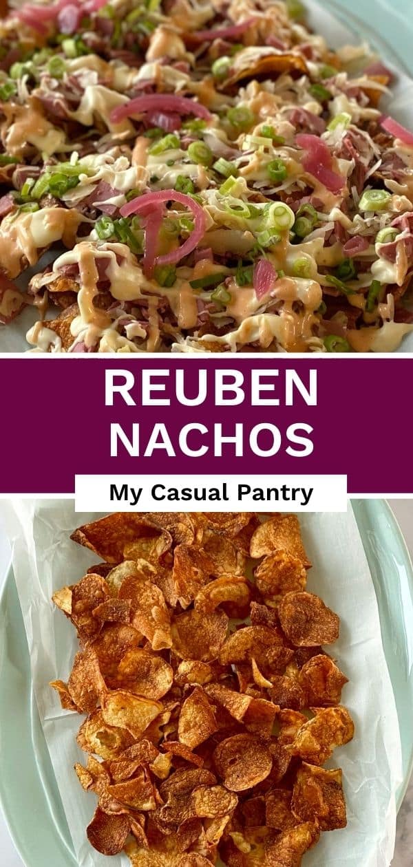Potato chips on a platter and a platter of assembled nachos.