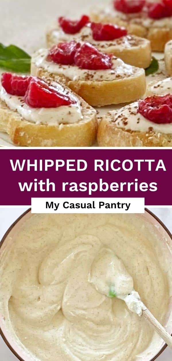 Raspberry crostini on a plate and a bowl of whipped ricotta mixture.