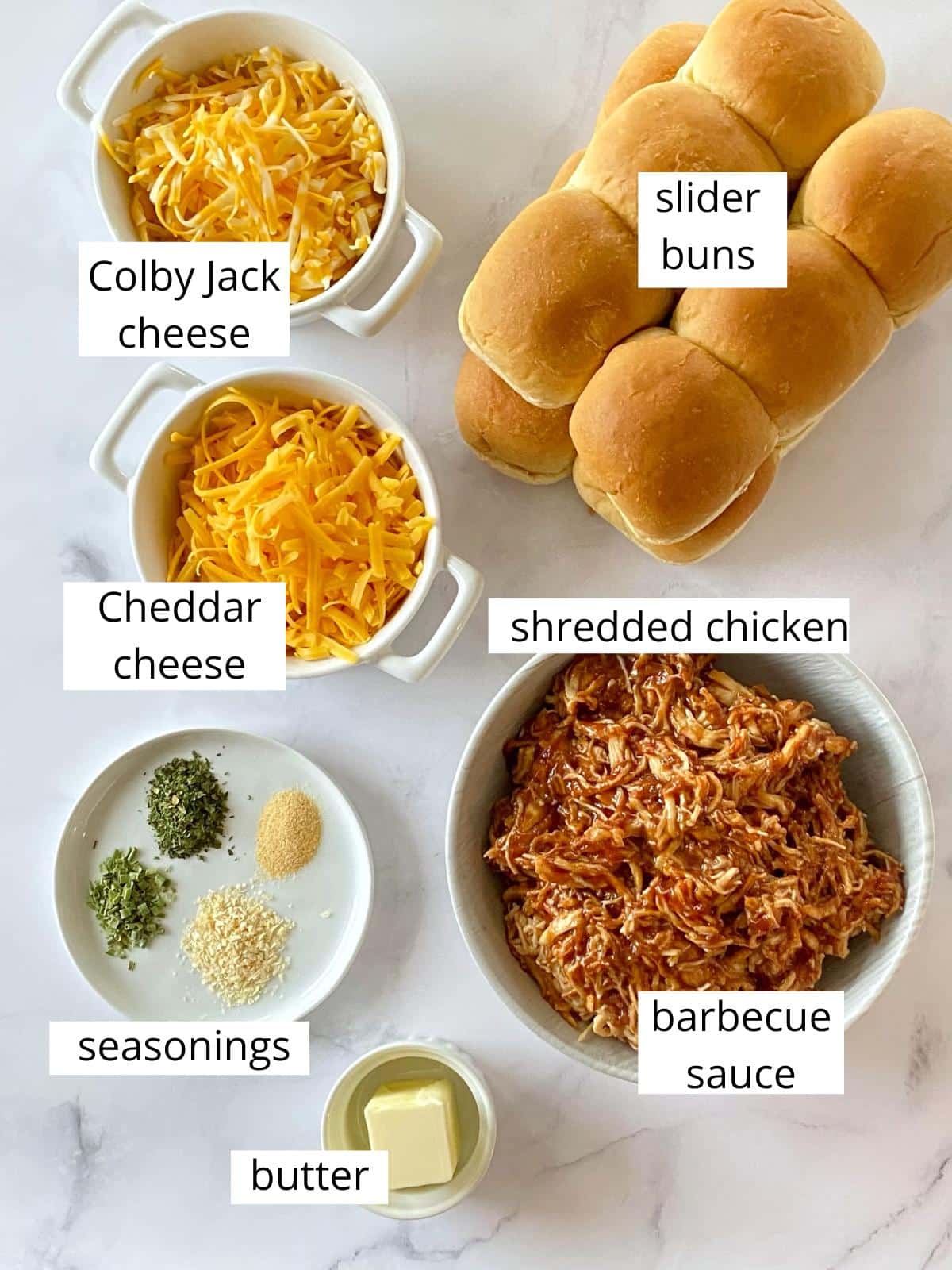 Ingredients for barbecue chicken sliders.