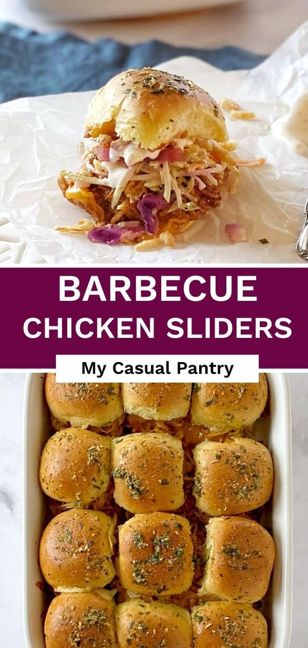 A chicken slider on parchment paper and a baking dish of sliders.