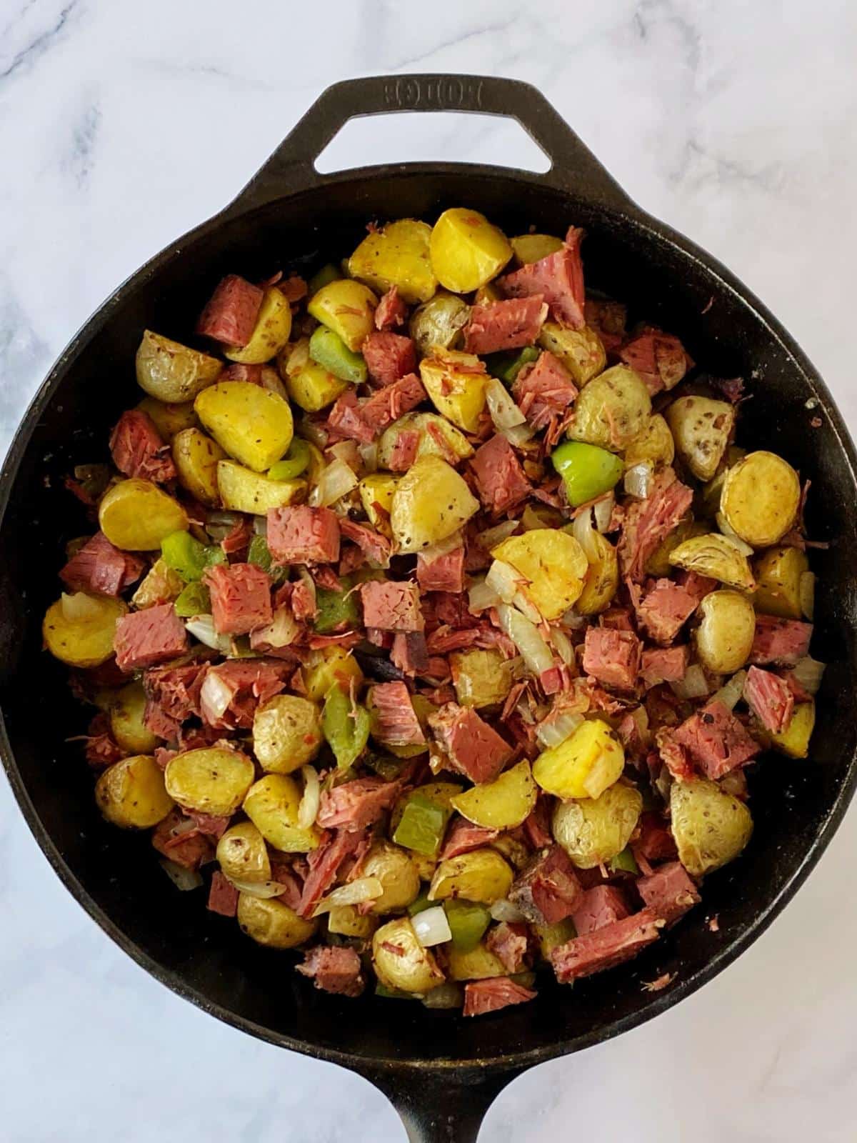 Hash in a cast iron skillet.
