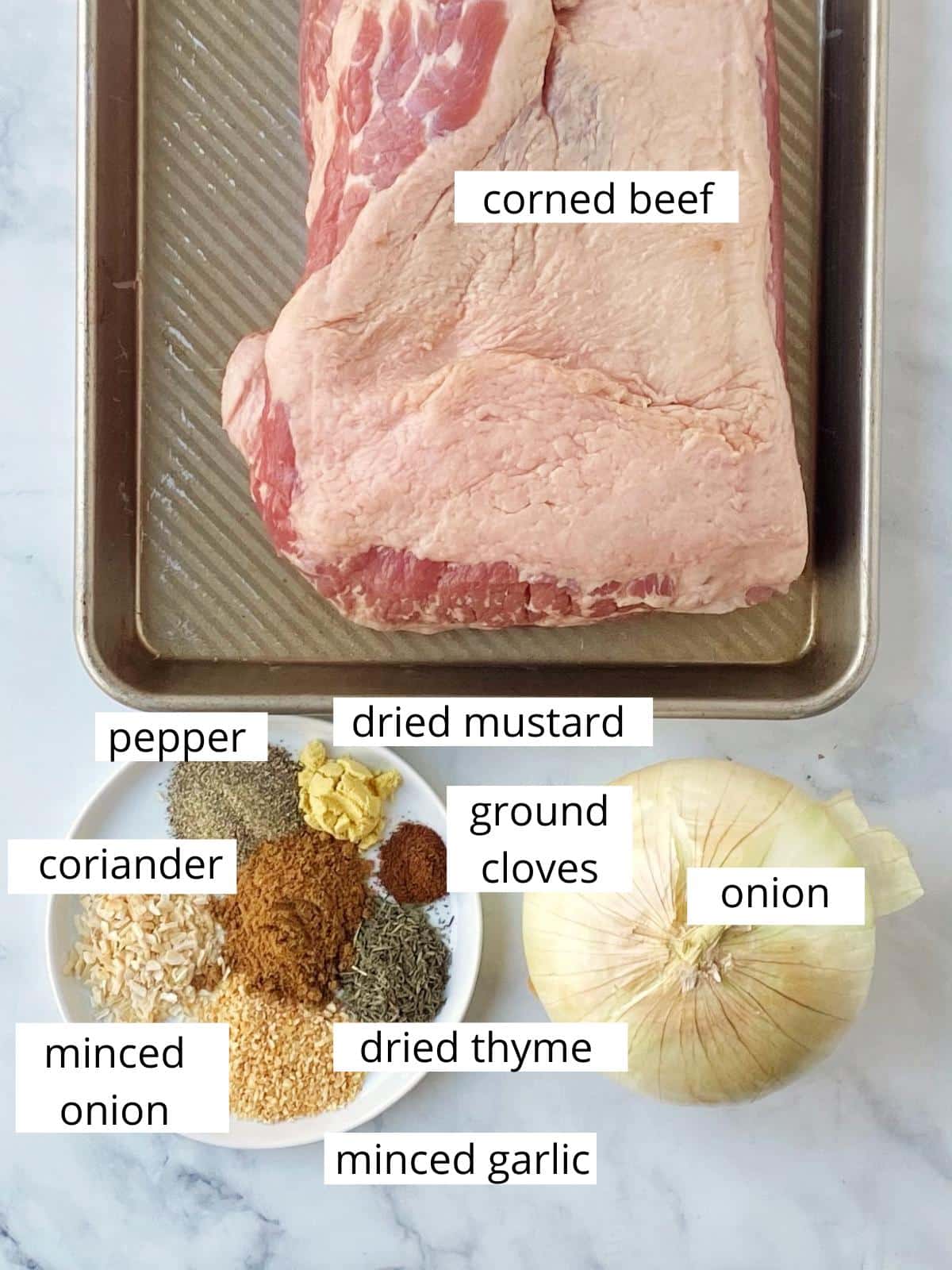 Ingredients for corned beeef brisket.